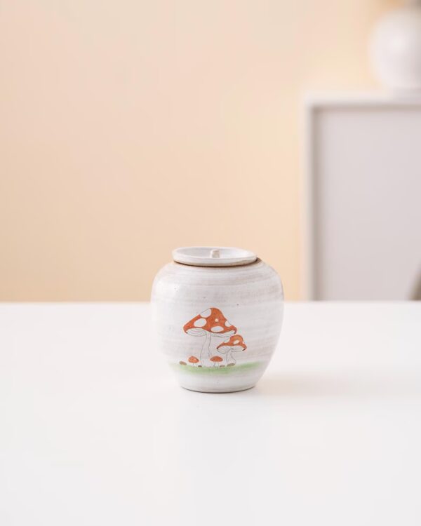 Hand-painted Mushroom White Ceramic Tea Canister with Lid 120ml