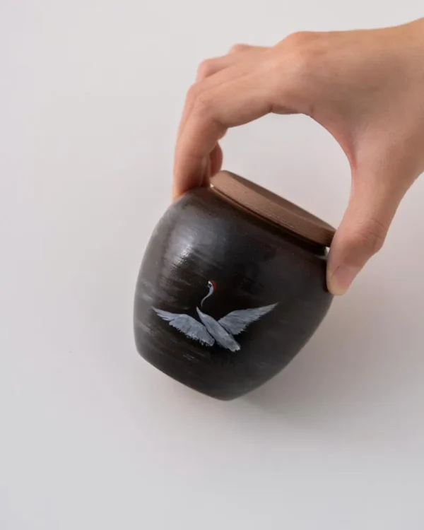 Hand-painted White Crane Ceramic Tea Canister with Lid 120ml