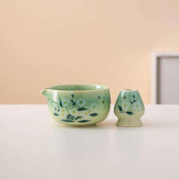 Hand-painted Daisy Ceramic Matcha Bowl Set Unique Matcha Whisk Gift Set 450ml