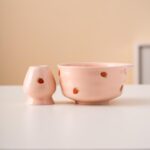 Hand-painted Strawberry Ceramic Matcha Bowl Set Pink Matcha Ceremonial Set 450ml