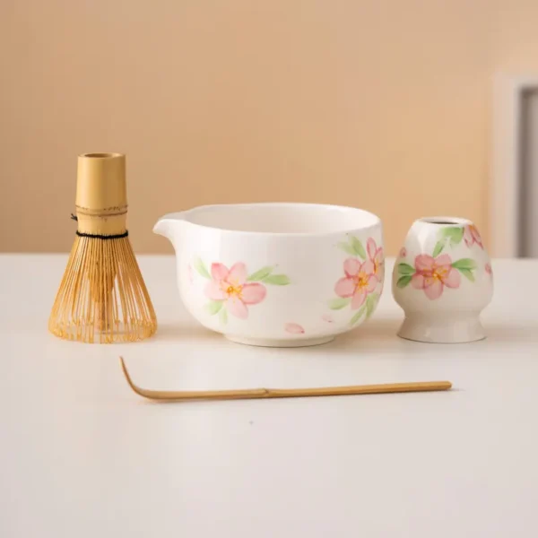 Hand-painted Floral Ceramic Matcha Bowl Set Unique Matcha Whisk Gift Set 450ml