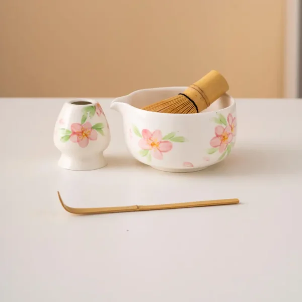 Hand-painted Floral Ceramic Matcha Bowl Set Unique Matcha Whisk Gift Set 450ml