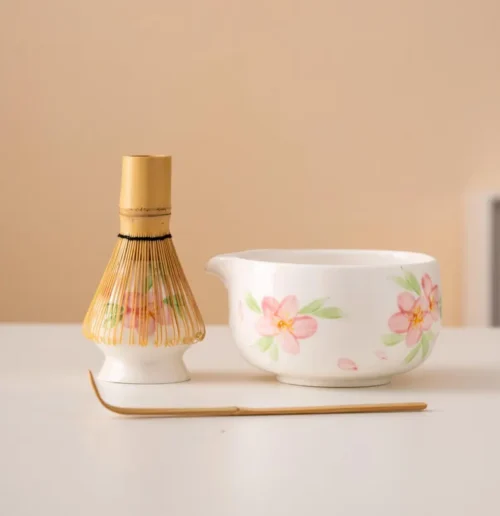 Hand-painted Floral Ceramic Matcha Bowl Set Unique Matcha Whisk Gift Set 450ml