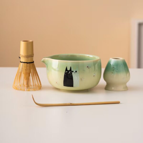 Hand-painted Couple Cat Matcha Bowl Set Unique Matcha Whisk Gift Set 450ml