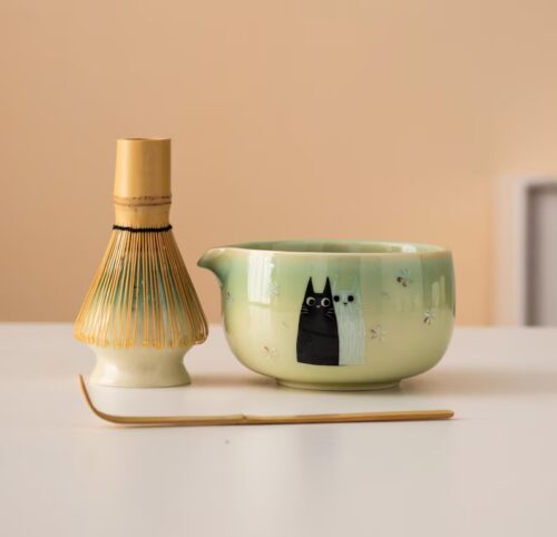 Hand-painted Couple Cat Matcha Bowl Set Unique Matcha Whisk Gift Set 450ml