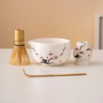 Hand-painted Pink Plum Blossom Ceramic Matcha Bowl Set Unique Matcha Whisk Gift Set 450ml