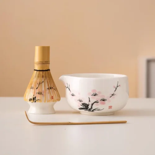 Hand-painted Pink Plum Blossom Ceramic Matcha Bowl Set Unique Matcha Whisk Gift Set 450ml