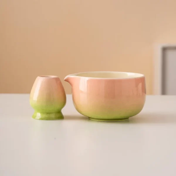 Hand-painted Gradient Pink Ceramic Matcha Bowl Set Unique Matcha Whisk Gift Set 450ml