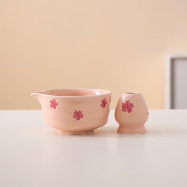 Hand-painted Sakura Ceramic Matcha Bowl Set Pink Matcha Ceremonial Set 450ml