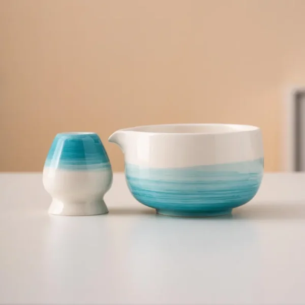 Hand-painted Blue Ceramic Matcha Bowl Set Unique Matcha Whisk Gift Set 450ml