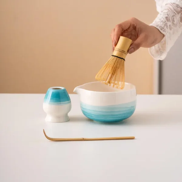 Hand-painted Blue Ceramic Matcha Bowl Set Unique Matcha Whisk Gift Set 450ml