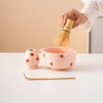 Hand-painted Strawberry Ceramic Matcha Bowl Set Pink Matcha Ceremonial Set 450ml
