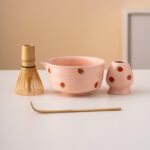 Hand-painted Strawberry Ceramic Matcha Bowl Set Pink Matcha Ceremonial Set 450ml