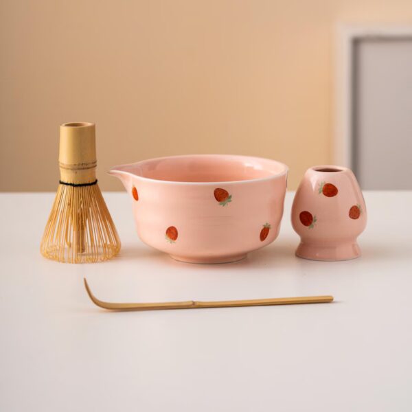 Hand-painted Strawberry Ceramic Matcha Bowl Set Pink Matcha Ceremonial Set 450ml