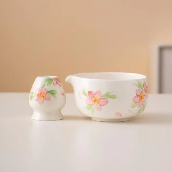Hand-painted Floral Ceramic Matcha Bowl Set Unique Matcha Whisk Gift Set 450ml