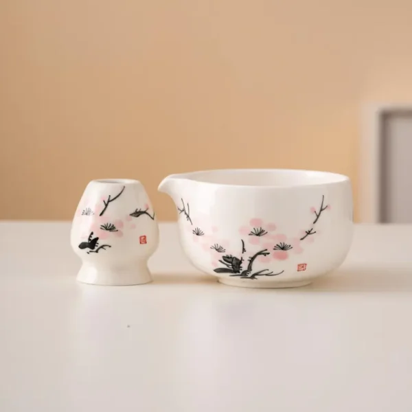 Hand-painted Pink Plum Blossom Ceramic Matcha Bowl Set Unique Matcha Whisk Gift Set 450ml