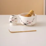 Hand-painted Pink Plum Blossom Ceramic Matcha Bowl Set Unique Matcha Whisk Gift Set 450ml