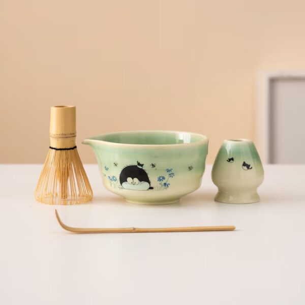 Hand-painted Cute Cat Ceramic Matcha Bowl Set Green Matcha Whisk Gift Set 450ml